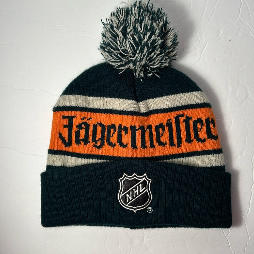 Jagermeister NHL Pompom Knit Beanie Taboggan Green Orange White One Size Hockey